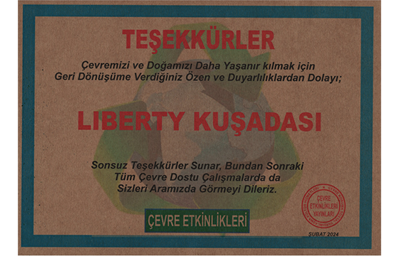 Liberty Kusadasi Odul Sertifika Card